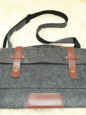 Mosiso Dark Grey Flannel Faux Leather Felt Lined Adj Shoulder Strap Laptop Bag